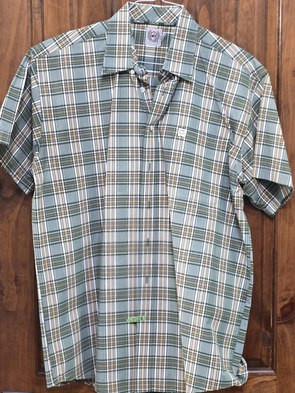 Cinch Men’s Short Sleeve Plaid Polo - Green & White